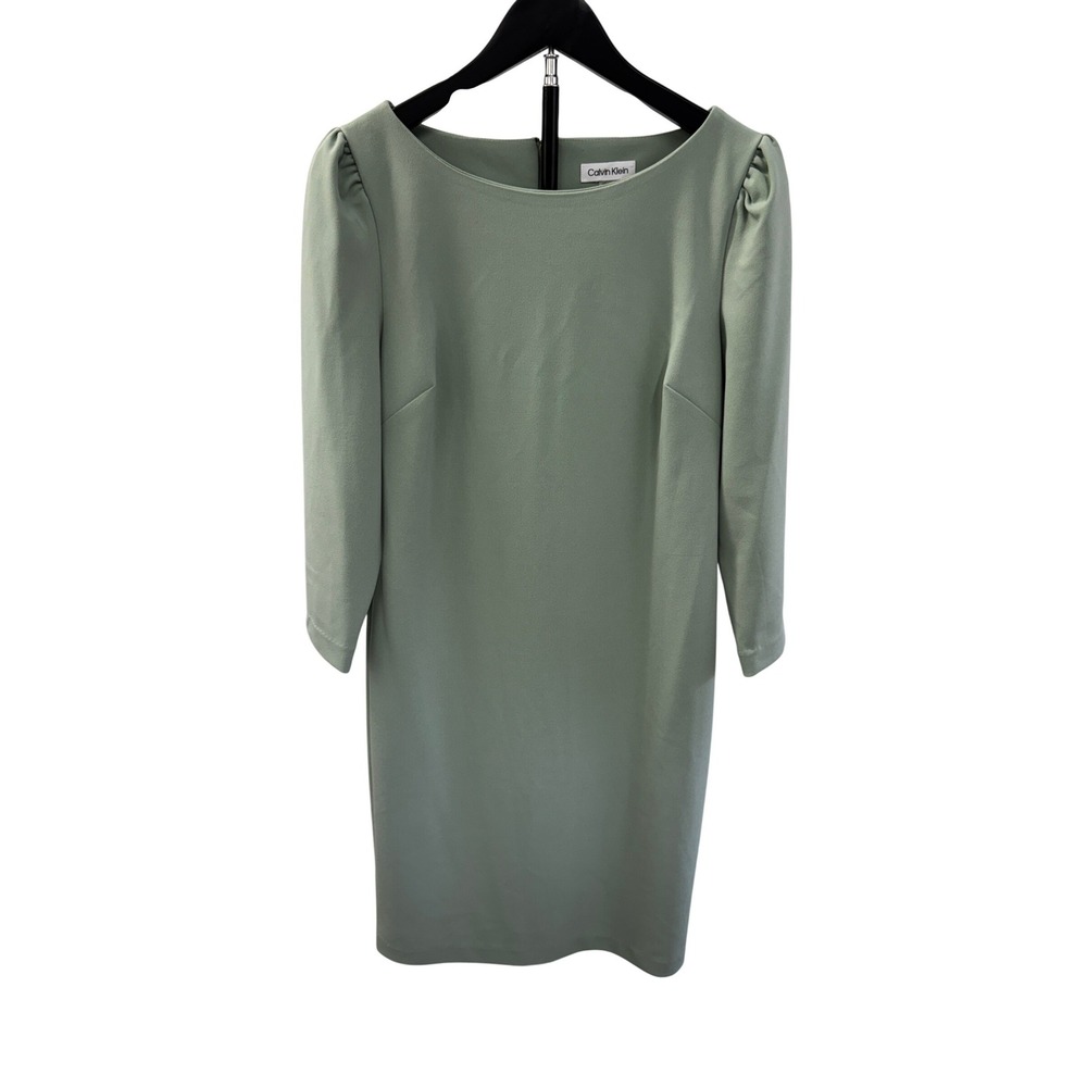 Calvin Klein Seafoam Green Exposed Gold Zip 3/4 Sleeve Sheath Office Dress Sz 12 - Picture 3 of 12